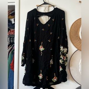Free people black mini dress with embroidery detail + open back detail